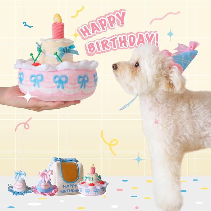 Birthday Cake Snuffle Toy Set, Pink and Blue, Polyester, Nose Work Puzzle Toy for Dogs and Cats