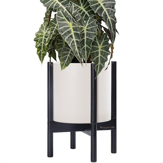 D'vine Dev Plastic Pot with Ebony Wood Stand, Oatmeal, 10 in, 55-C-N-4 | Mid-Century Inspired Design, Elevated Plant Display, Clean Lines, Sturdy Support, Modern Space-Saving Style