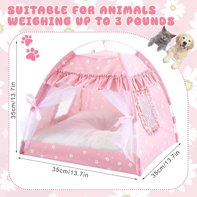 BreezeHug Cat Tent Bed with Bowl Water Dispenser Washable Cushion Blanket, Pink Princess Indoor Pet House Small Dog Bed Puppy Nest for Kitten Teacup Chihuahua Yorkie Maltese, 13.78 x 13.78 x 13.78 in