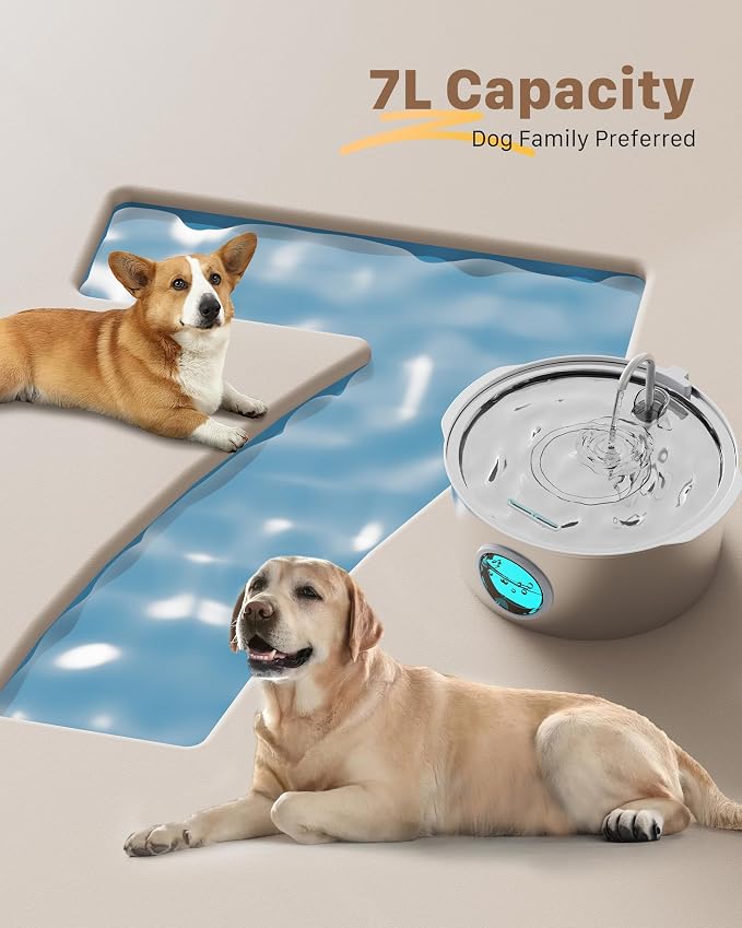 Dog Water Fountain for Large Dogs: Big Cat Water Fountain Stainless Steel -1.8Gal/7L Big Quiet Cats Water Bowl Dispenser- Pet Water Fountains for Dogs - 8 Filters + 8 Sponge Filters - GROOKPET