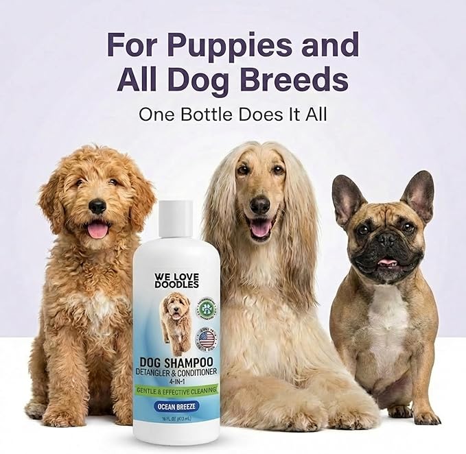 Dog Shampoo, Conditioner & Detangler-Best Shampoo for Goldendoodles, Poodles & Doodles Pet Hair -Hypoallergenic, Tearless, Sensitive Skin for Puppies & All Dog Breeds -Made in USA,16OZ (Ocean Breeze)