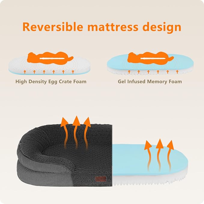 Dwanton Orthopedic Dog Bed for Medium Dogs with Gel Memory Foam, Waterproof Dog Sofa, Washable Pet Bed with Four Sided Bolster Cushion, Removable Cover & Non-Slip Bottom, 36", Plush-Dark Grey