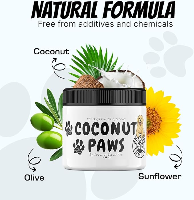 Coconut Essentials Coconut Paws - Dog Skin and Coat, Itching Relief, Hot Spot Treatment, Hair Loss, Cracked Paws, Elbows, Dry Nose | w/Organic Coconut Oil, Olive & Sunflower Oils | Vet Recommended 4oz