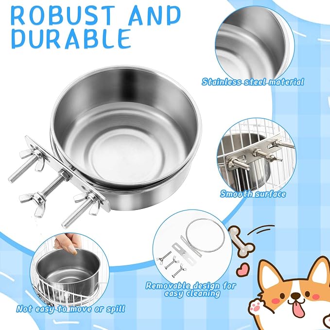 Zubebe 8 Pcs Stainless Steel Hanging Dog Crate Bowls, Non-Spill Kennel Food Water Bowls with Screw Clamp Attach Holders, Removable Mountable Metal Cage Feeder for Pet(41 oz)