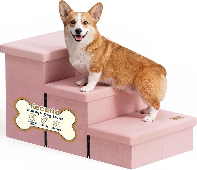 3-Step Wide Dog Stairs with Hidden Storage 18" H, Non-Slip Dog Steps for High Bed Couch Window Car, Jiont-Friendly Pet Stairs Ramp for Small/Medium/Large Old Dogs Cats Up to 200lbs, Pink