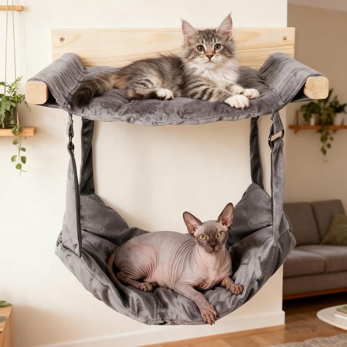 JSPYFITS Wooden Cat Furniture Wall Mounted, Double Layer Hammock, Large Size 18.9″ Removable Multi-Function Cat Bed for Sleep/Play/Climb, Kitten Window Perch, Easy DIY Installation(Grey)