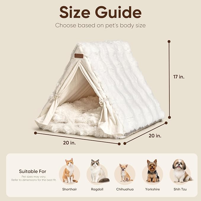 FUKUMARU Cat Cave Bed, Sturdy Frame Washable Cat Tent Bed with Curtain | Semi-Enclosed Cat Hideaway for Anxious Cats, Large Cozy Cat House for Indoor Cats, Soft Plush Covered Dog Bed, Cream