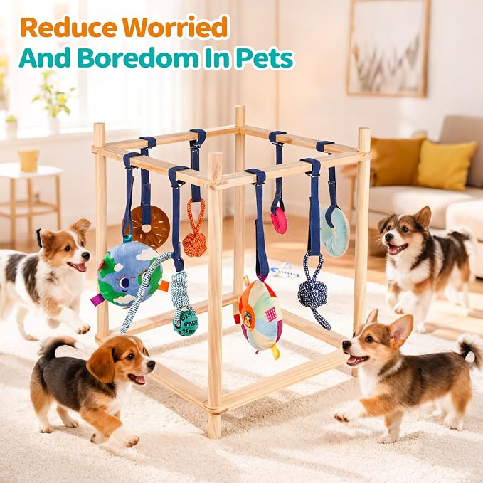 Wooden Puppy Play Gym for Small Dogs with 8 Hanging Toys | Wood Puppy Jungle Gym Indoor & Dog Enrichment Toys for Puppies 0-6 Months