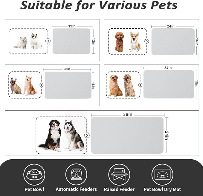 HotLive Dog Food Mat - Absorbent Cat Mat for Food and Water, No Stains Pet Feeding Bowl Mat, Easy to Clean Pet Placemats, Quick Dry Dog Water Dispenser Mat for Messy Drinkers | Light Grey 16"x 24"