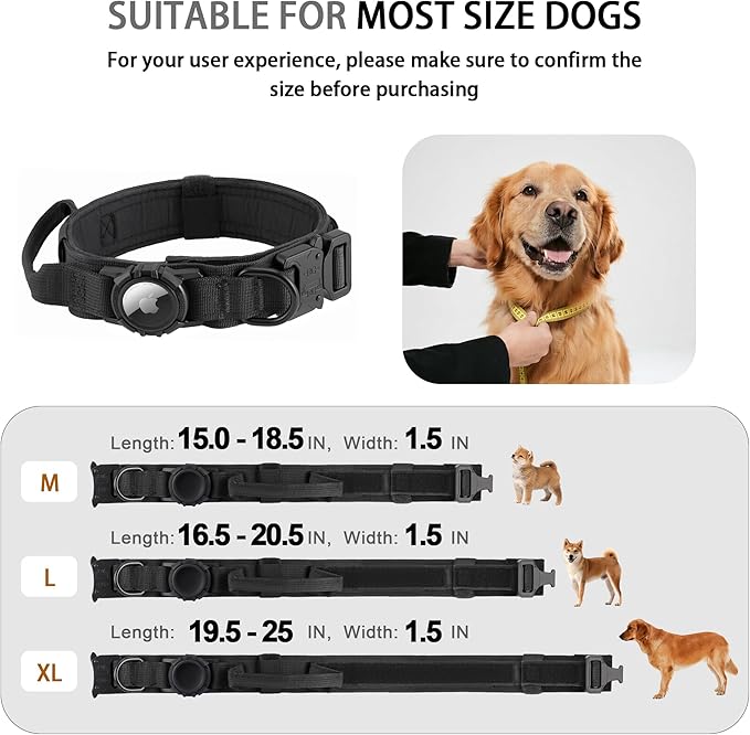 Tactical AirTag Dog Collar Leash Set - Heavy Duty, Adjustable GPS Collar Compatible with Apple AirTag, with Holder & Control Handle for Medium/Large Dogs [Black, XL]