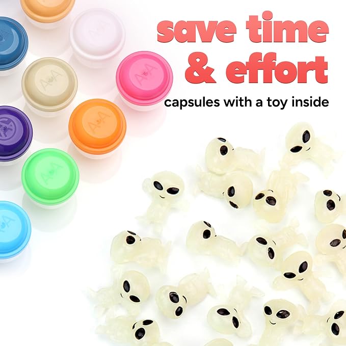 Alien Toys in Capsules - 50 Pcs of 1.1 Inch Plastic Capsules & 1 Inch Glow in the Dark Alien Figurines for Kids - Party Favors - Classroom Prizes - Toys Bulk for Vending Machine Refill