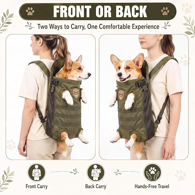 Dog Carrier Tactical Backpack for Medium Large 26-40lbs, Dog Soft Hands-Free Legs Out Pet Cat Front Carrier Backpack Facing Travel Bag for Outdoor Traveling Hiking Camping Bike(Green)