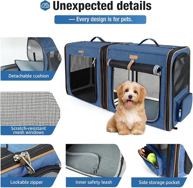 Lekereise Large Cat Carrier for 2 Cats, 2-in-1 Cat Travel Carrier with Litter Box, (17.7" x2) x16.5"x13" Pet Carrier with Zipper Locks for Moving Across The Country (No Hammock) - Blue