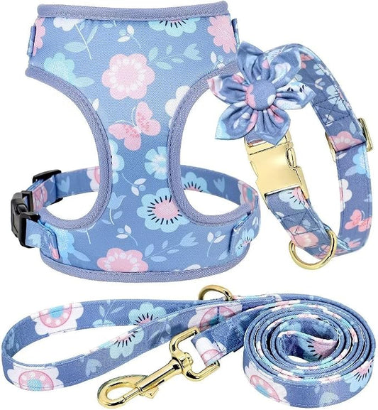 Beirui Cute Dog Collars,Harnesses,Leashes Set, Floral Pattern, Purple,S | Girl Dog Harness Set with Flower, Adjustable and Soft Mesh Lining, For Small Dogs Daily Walks