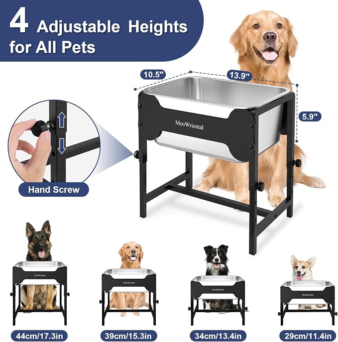 2.5 Gallon Adjustable Elevated Dog Water Bowl, Raised Stainless Steel Large Dog Bowl with 4 Height(11-17")， Full Metal Feeding Station for Relief Joint Pressure, Easy to Clean, Indoor & Outdoor