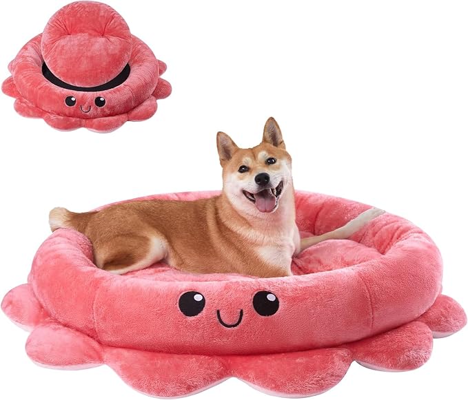 Cute Calming Dog Beds Clearance for Large and Extra Dogs, Anxiety Bolster Dog Bed with Octopus Shape, Pink, Red, XL, Boho, Round Pet Bed Cat with Removable Cushion