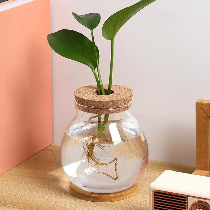 Milisten Desktop Fish Tank Small Glass Fish Bowl with Bamboo Cushion and Wood Lid Hydroponic Plant Terrarium Betta Aquarium for Home Office Decoration