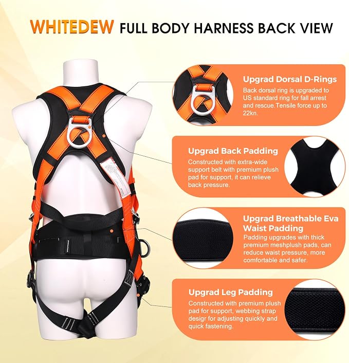 Fall Protection Premium Safety Harness with Shock Absorbing Lanyard, Vented & Padded Shoulder, Legs & Back - Upgrade 4 Quick Buckles (Orange)