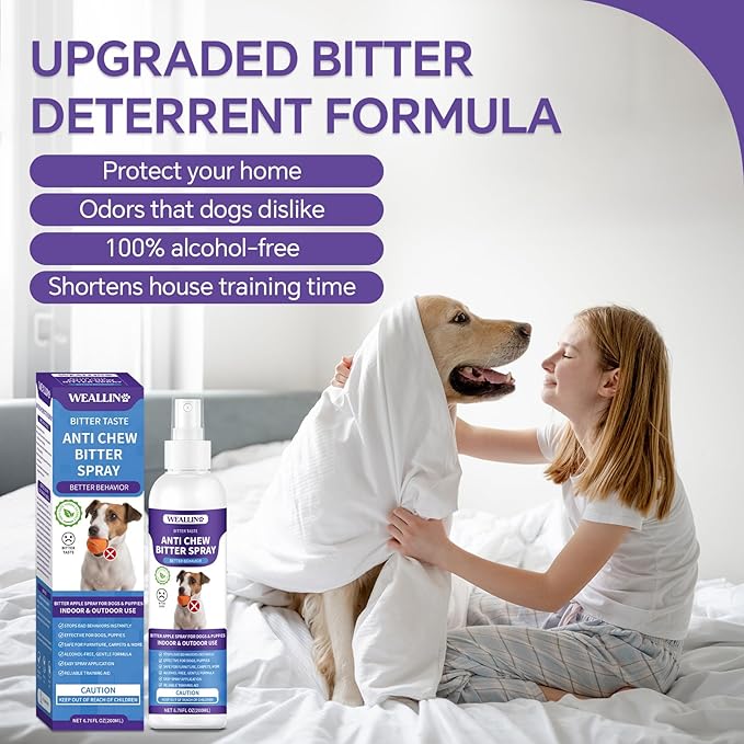 WEALLIN No Chew Spray for Dogs - 6.76 Fl Oz, Bitter Apple Spray for Dogs, Dog Deterrent Spray, Stops Chewing and Licking, Protects Furniture, Prevents Wound Licking, Non-Toxic, Alcohol-Free