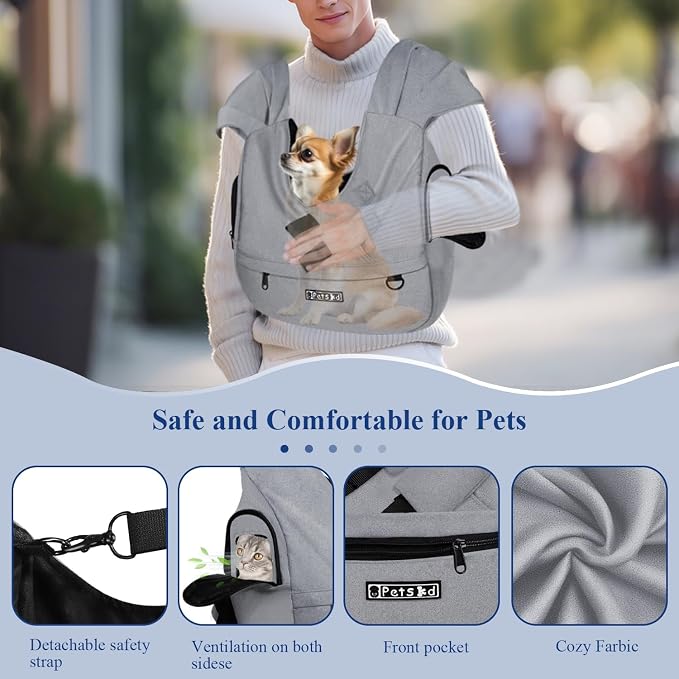 Dog Carrier Sling for Small Pet 7-15 LBS, Grey | Hands Free Front Facing, Cat Sling Chest Carrier, Bottom Mat and Adjustable Strap, for Anti-Anxiety, Walk, Vet