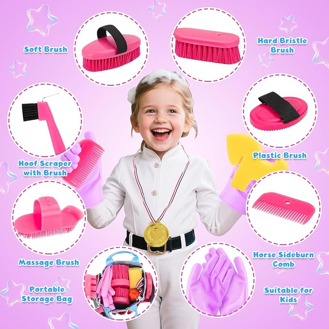 deAO Horse Grooming Brush Kit 12Pcs Horse Tack with Tote Bag,Care Tool,Pink | Realistic Horse Cleaning Playset,Includes Gloves,Tail Comb,Body Brush,Gift for Horse Riders Beginners for Boys Girls Ages3+