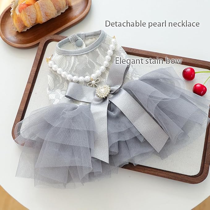 ANIAC Gray Dog Dress for Small Dogs Female,Bow Knot Girl Puppy Clothes with Detachable Pearl Necklace, Elegant Cat Dress, Formal Pet Pary Outfit for Wedding Birthday Valentines (Gray, Medium)