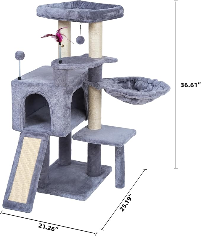 AIWIKIDE 36.6'' Multifunction Cat Tree with Cozy Hammock & Hanging Ball, Cat Tower with Activity Cat Condo & Jute-Covered Scratching Posts, Grey
