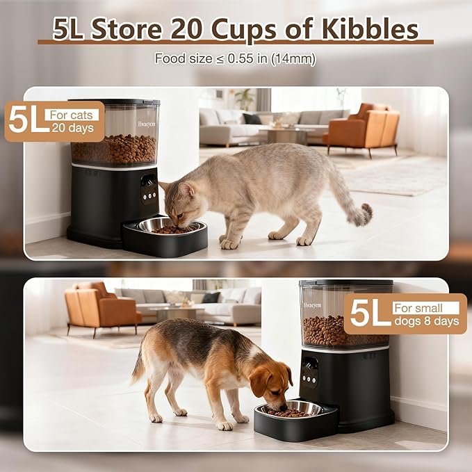 カメラ付き自動猫給餌器、5L/28カップ WiFi猫自動給餌器 双方向音声通信、アプリ制御、強力な詰まり防止システム ナイトビジョン付きスマート定時給餌器 小型ペット屋内用