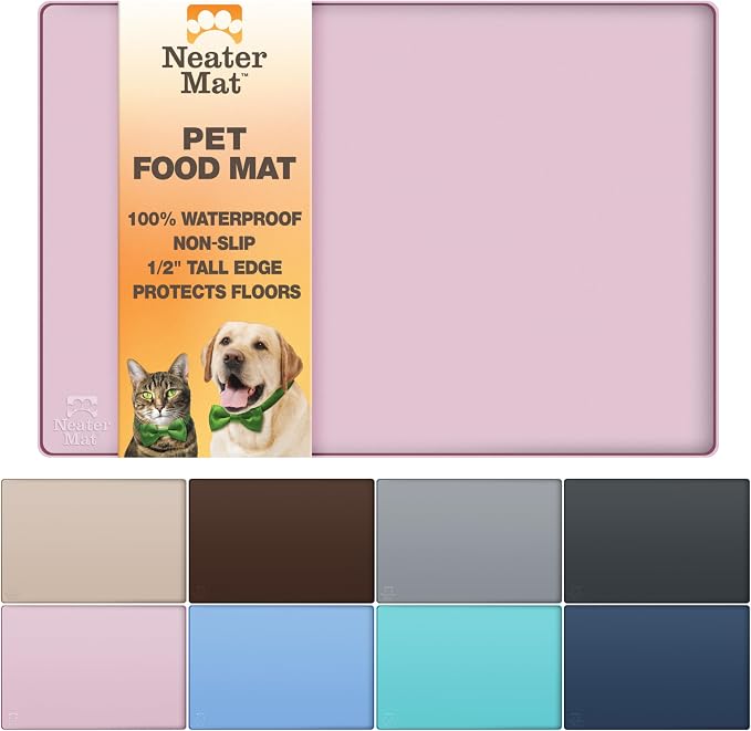 Neater Pet Brands Neater Mat Pet Mats for Food and Water, Cat & Dog Bowl Mat Waterproof Silicone, Feeding Tray, Dog Food Mats for Floors, Placemat w/Raised Edge for Under Bowls, 24" x 16", Light Pink
