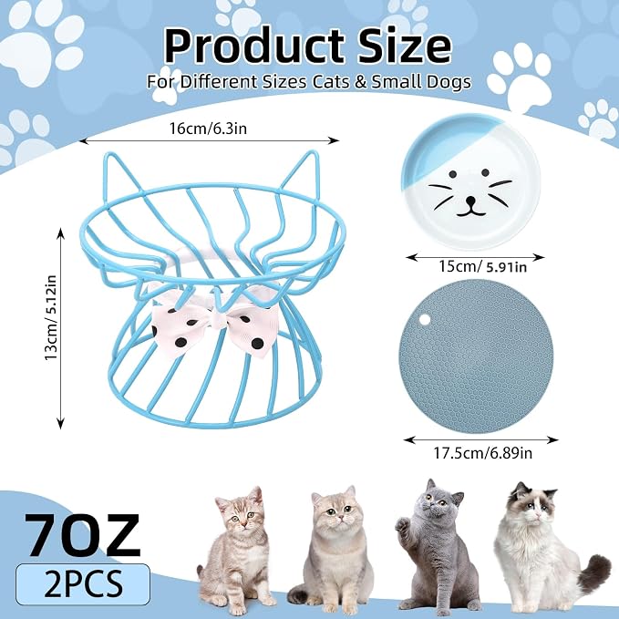 Set of 2 Elevated Ceramic Cat Dishes, Pink & Blue | Pink & Blue Set Detachable Bowls Elevated Design Whisker Friendly Non-Slip Pads