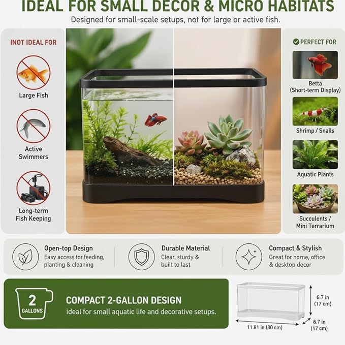 Geelin 2 Gallon Plastic Rectangular Fish Tank, Aquarium for Betta Fish Reptiles Succulents Flower Centerpiece, Shatterproof with Clear Clarity for Home Office Desktop Decors(Black)