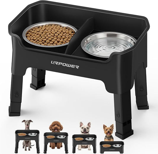 URPOWER Mess Proof Elevated Dog Bowls, High Wall Splash Guard Design, 4 Height Adjustable Raised Bowl Stand, 2 Stainless Steel Bowls, Non-Slip Food Water Set for Small Dogs