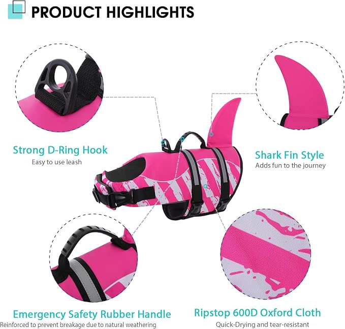 Dog Life Jacket High Flotation, Reflective Dog Life Vest for Swimming, Adjustable Dogs Life Preserver Rescue Handle Spring Summer Pool for Small, Medium, Large Dogs (Pinkwhite,M)