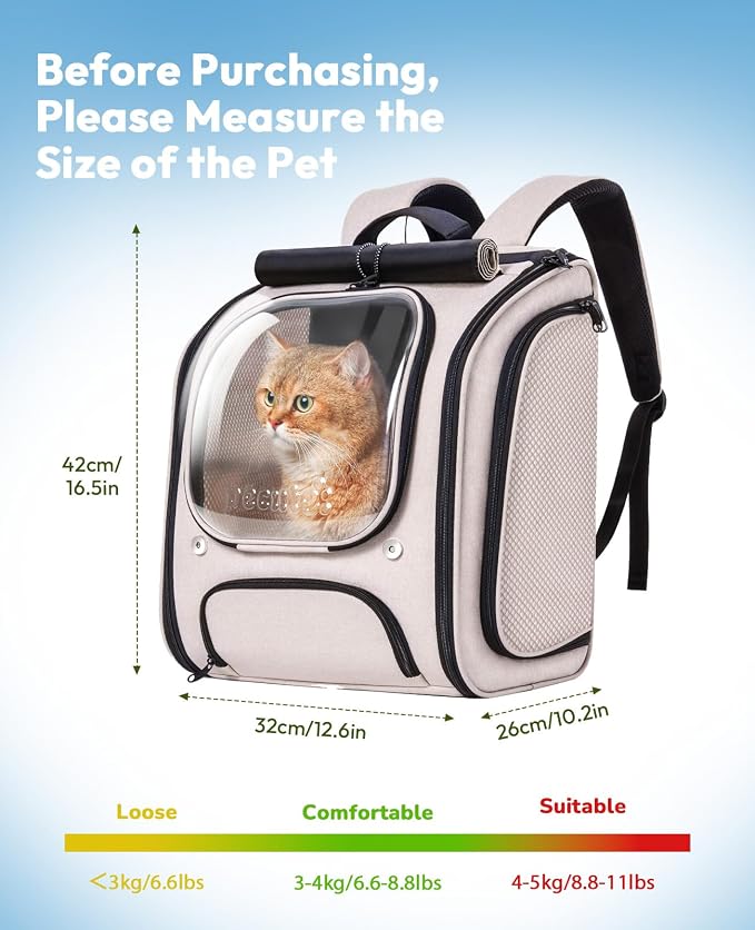 Pecute Cat Backpack Carrier,Large Space Cat Bubble Backpack,Ergonomic,Khaki | Sunshade Curtain,Transparent Window,Safety Rope,Sturdy,Large Mesh on Both Sides for Breathability,Suitable for Outdoor,Vet