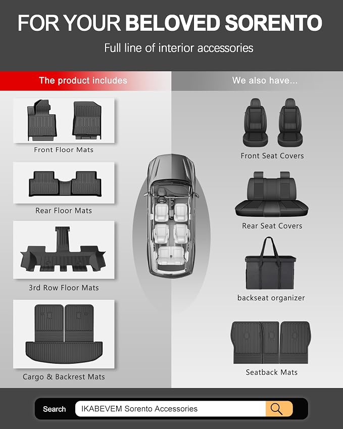 Original 2021-2026 Sorento Floor Mats & Cargo Liner & Backrest Mat for Kia Sorento 6/7 Seats (Not for Hybrid) - Custom Fit TPE Floor Liners & Trunk Mat - All Weather Mats for Sorento 2021-2025 2026