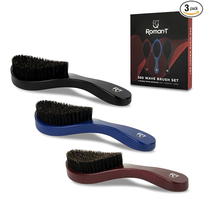 Roman-T Men's 360 Wave Brush Set - Three Handle Brushes for 360 Waves (Soft, Medium & Hard) - Grooming Gift Set
