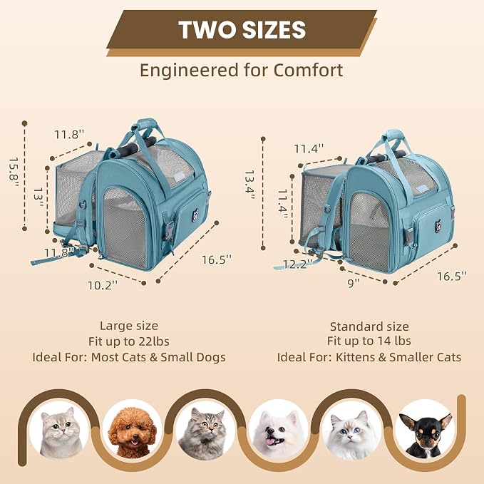 Expandable Cat Carrier Backpack for Large Cats - Airline Approved Pet Carrier Backpack for Small Dogs, Hiking & Travel, Waterproof with Breathable Mesh, 22lbs Capacity (Polar Blue, Large)