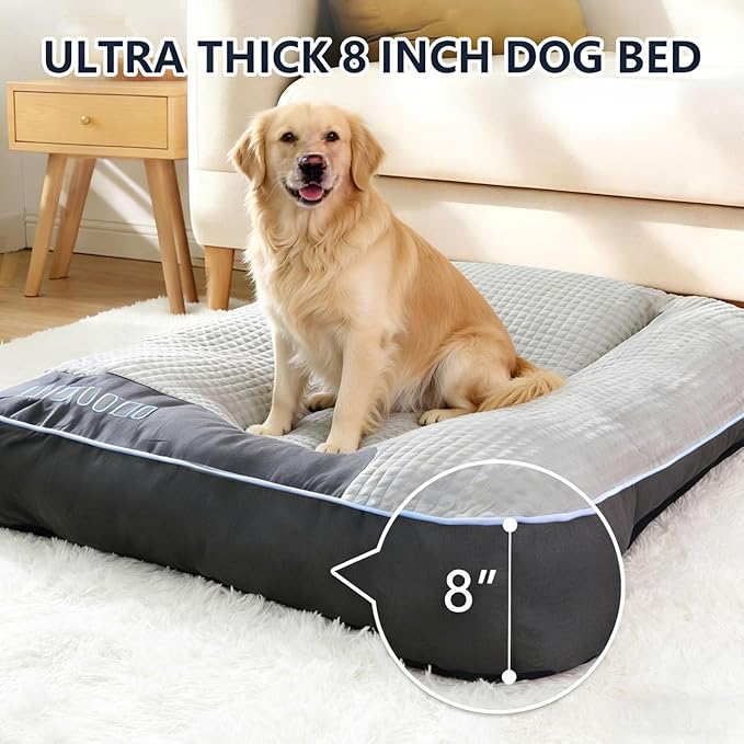 XL Dog Bed for Large Dogs Up to 110 lbs, Orthopedic Extra Giant Dog Sofa with Thick Plush Crate Mat & Bolster Pillow, Fluffy Washable Bed for Senior & Arthritic Dogs, Non-Slip Bottom, Grey 47"x37"