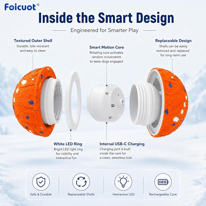 Interactive Dog Ball Toy[Newly Upgraded], Durable E-TPU Material, 3 Play Modes with Colorful Lights, E-TPU USB-C Rechargeable, IPX7 Waterproof Rating for Puppy, Medium and Large Dogs