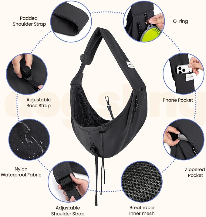Dog Sling Carrier for Small Dogs & Cats,Pet Carrier Sling Bag with Adjustable Straps,Comfortable & Secure Travel Crossbody Bag for Puppies Up to 19lb,Airline Approved pet Carrier (Black)
