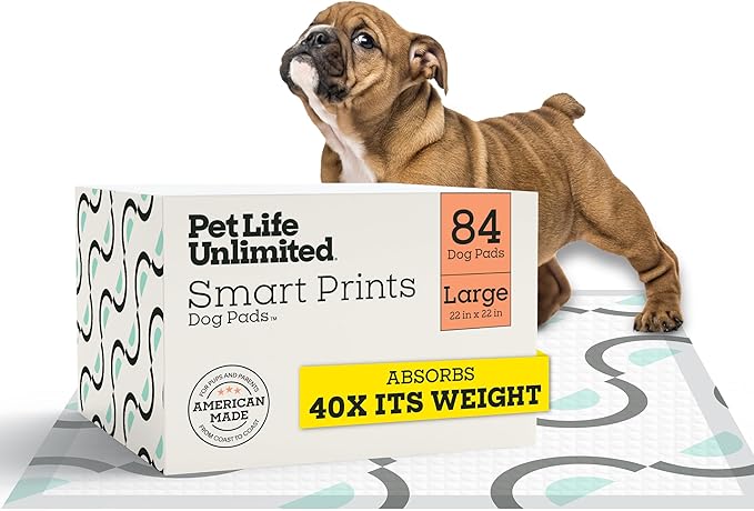 Pet Life Unlimited Smart Prints Large Puppy Pads for Dogs, Potty Training Pee Pads, 84 Count, 22" x 22", Leak-Proof, Super Absorbent, Quick-Dry, Patterned Pads with Odor Control, Made in USA