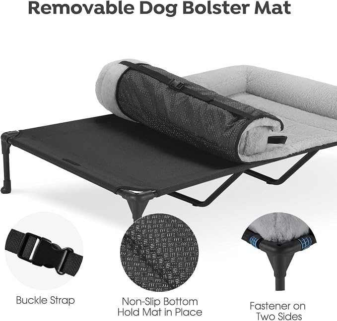Veehoo Orthopedic Elevated Dog Bed with Fluffy Plush Bolster Cushion, Indoor Raised Dog Beds for Large Dogs, Soft Pet Sofa Cot with Removable Washable Mat, No-Slip Feet, 59 x 37 inches, Grey