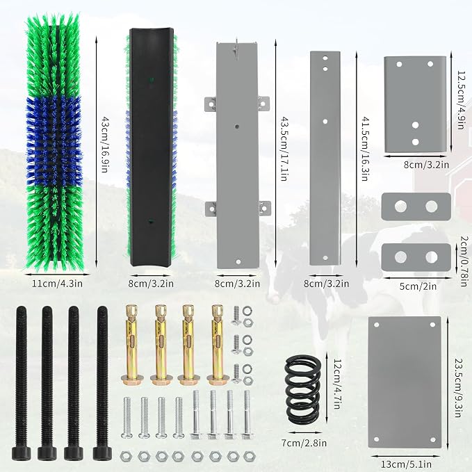 Livestock Scratch Brush With Spring Iron Holder，Animal Back Scratching Brush Including 4pcs goat brushes, 4 stands and accessories For Cow,Cattle,Sheep, Horses,Pigs，Massage Grooming Tool（Green）