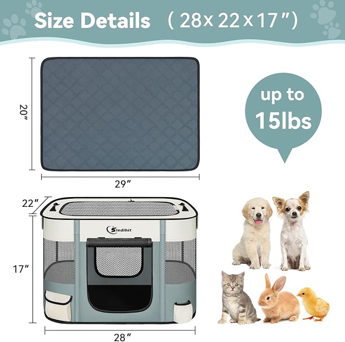 Siedihit Dog Playpen, Cat Pet Puppy Crate, Portable Playpens Indoor Outdoor (Grey with Pad, Small)