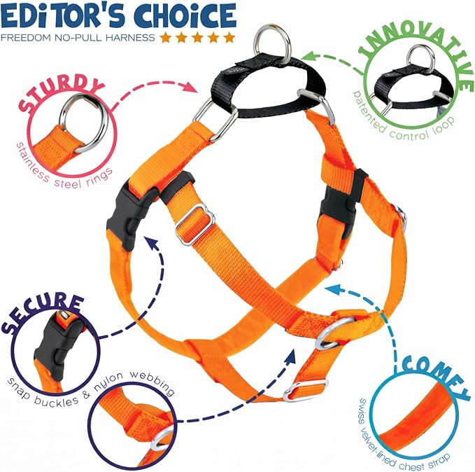 2 Hounds Design Freedom No Pull Dog Harness, 5/8 inch SM, Neon Orange | Discourages Pulling, Comfortable Control Adjustable Dog Harness for Small Sized Dogs, Made in USA (Leash Not Included)