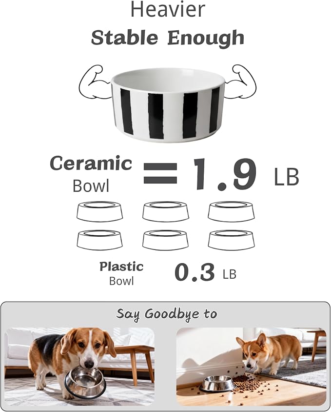 TRUVIC Ceramic Dog Bowl with Wood Stand, Black and White Striped Dog Food and Water Bowl, 2 Cup/14 oz Elevated Puppy Food Bowl for Medium Dogs, Dishwasher Safe, Modern Geometric, Striped