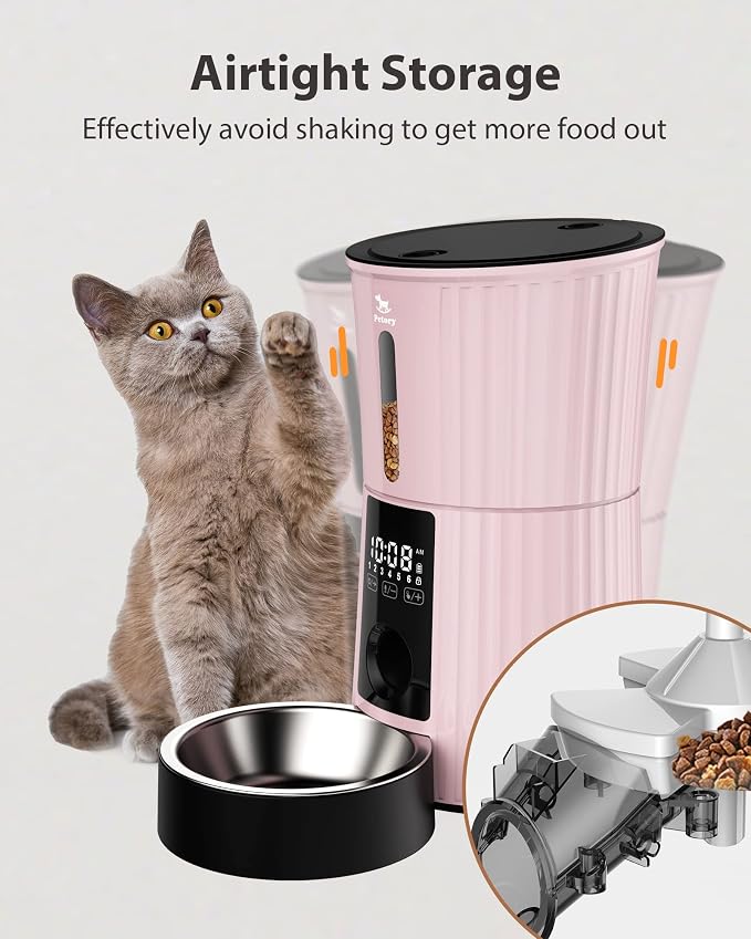 Timed Automatic Cat Feeder - 4L Dry Food Dispenser for Cats and Dogs | Programmable Portion Control, 6 Meals Daily, Dual Power Supply, 10-Second Voice Recorder, with Desiccant Bag, Pink
