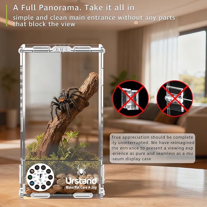 Jumping Spider Enclosure, Front-Opening Acrylic Spider Terrarium with Magnetic Door,Laser-Cut Biomimetic Ventilation System, Escape-Proof for Feeder Insects (4.3"x4.3"x7.8")