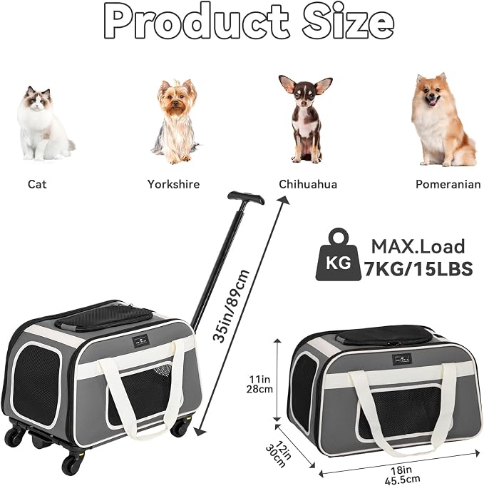 Petsfit Cat Carrier with Wheels, Removable Spinner Wheels, Up to 13 lb | Fits pets up to 15 L x 8 H in and 13 lb; removable spinner wheels, anti-sag frame, 4-sided mesh, safety tether and locks.