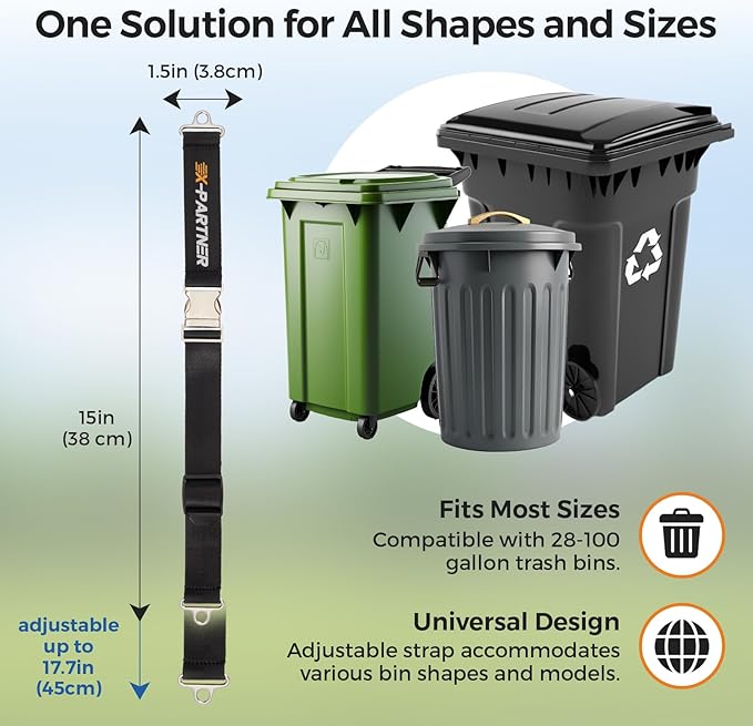 2PCS Heavy-Duty Bear Proof Trash Can Locks - Animal-Proof Garbage Can Lid Straps for 28-96 Gallon Outdoor Bins, Secure Locking Buckle Against Raccoons & Wildlife - Black